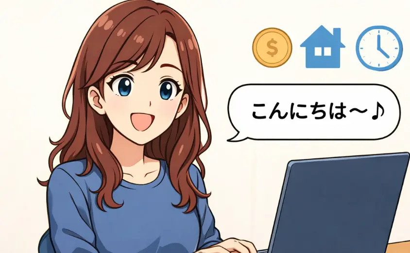 パソコンを使って在宅で働くチャットレディのイラスト。顔出しなしで始められる主婦向けの安心な副業として人気。
