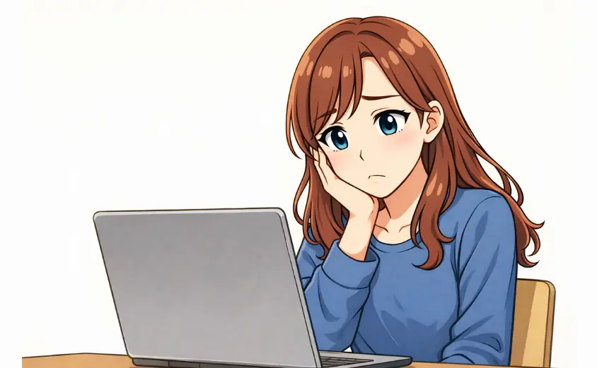 チャットレディが不安な主婦がパソコンを見つめるイラスト｜在宅ワーク・チャットレディ・やめとけ