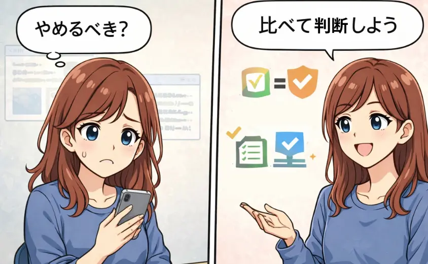 チャットレディをやめるべきか迷う主婦が、他の副業と比べて冷静に判断する2コマ漫画