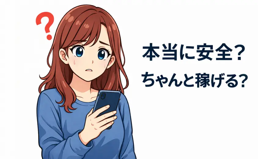 スマホを見ながら不安そうにする主婦のイラスト｜在宅チャットレディは安全？本当に稼げるの？と悩む女性