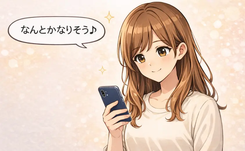 税金について調べて安心した表情でスマホを見る女子大生のイラスト