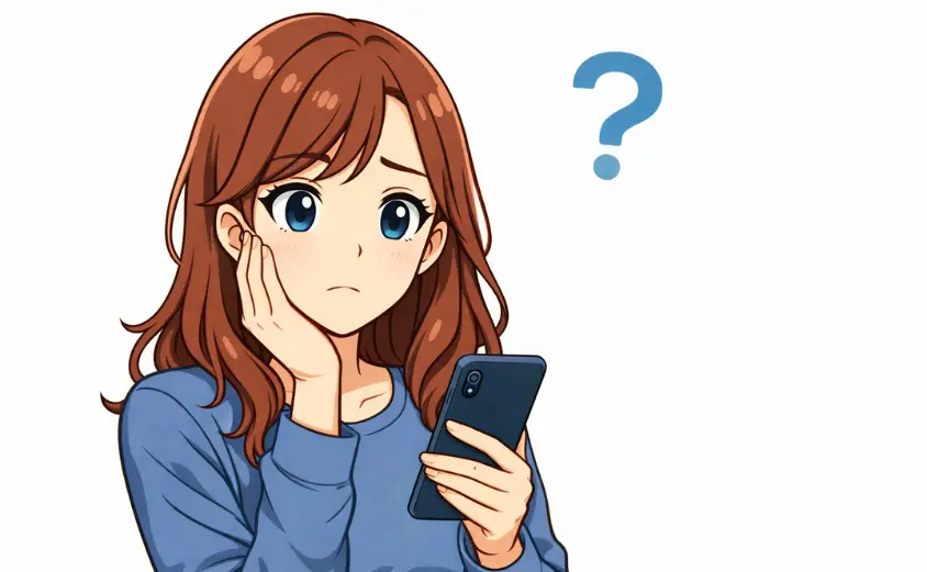 チャットレディに不安を感じる女性がスマホを見つめるイラスト｜顔出しなし副業に悩む主婦向け