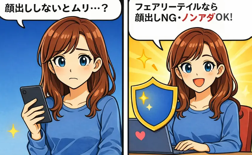 チャットレディ フェアリーテイルの安心ポイントを解説する2コマ漫画。不安そうに『顔出ししないとムリ？』と悩む主婦が、スタッフから『フェアリーテイルなら顔出しNG・ノンアダでもOK！』と説明を受けて安心する様子