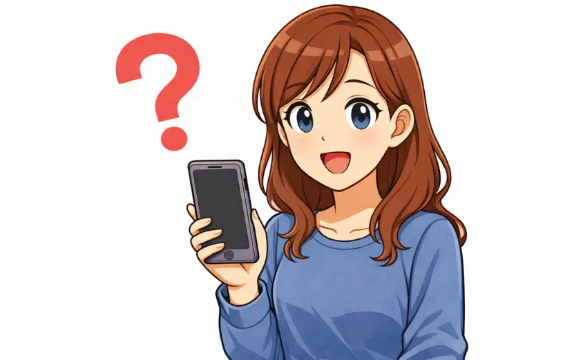 チャットレディ「フェアリーテイル」のQ&Aを確認する女性のイラスト｜スマホを持って疑問や不安を感じている表情