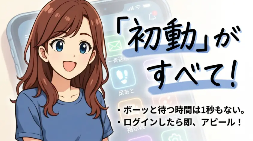 チャットレディがスキマ時間で稼ぐコツを解説するイラスト。「初動がすべて！ログインしたら即アピール」という文字と、スマホの操作画面。