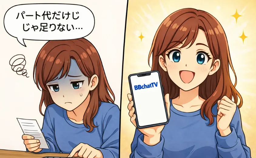 家計簿を見てため息をつく主婦と、スマホでBBchatTVを見つけて安心する女性の2コマ漫画。チャットレディを顔出しNGで在宅ワークできる様子