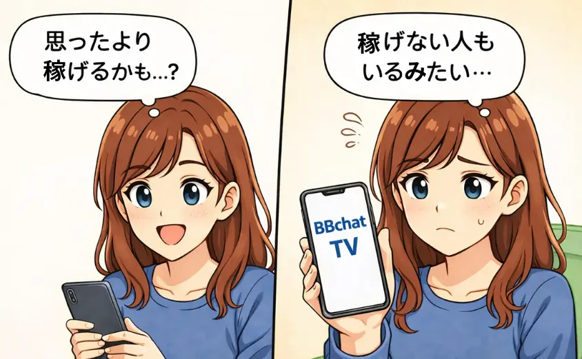 BBchatTVの口コミをイメージした2コマ漫画。主婦がスマホを見て『家でできて、思ったより稼げる！』と喜ぶ場面と、『人によっては稼げないこともあるみたい…』と不安そうにする場面