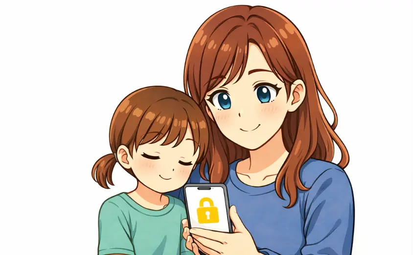 BBchatTVで安心して働く主婦のイラスト。子どもと一緒に過ごしながら在宅でスマホを操作する姿を描いたチャットレディ向け画像