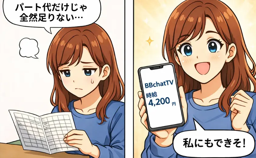 家計簿を見てため息をつく主婦と、BBchatTVのスマホ画面を見て笑顔になる2コマ漫画。チャットレディが在宅で時給4,200円を目指せる様子