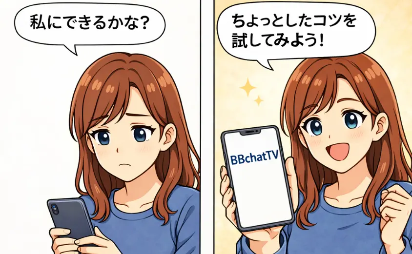 BBchatTVでチャットレディを始めたい主婦向けの2コマ漫画。1コマ目はスマホを見ながら不安そうに『私にできるかな？』とつぶやく主婦。2コマ目は笑顔でスマホを操作し、画面に『BBchatTV 初心者でも安心』と表示され、『ちょっとしたコツを試してみよう！』と前向きになるシーン