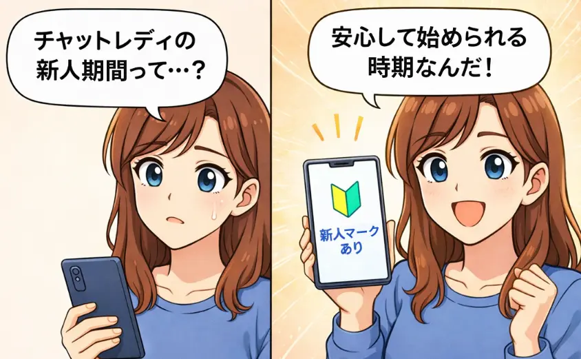 チャットレディの新人期間に不安を感じる主婦がスマホを見つめる様子と、新人マークやボーナス表示を見て安心する主婦を描いた2コマ漫画