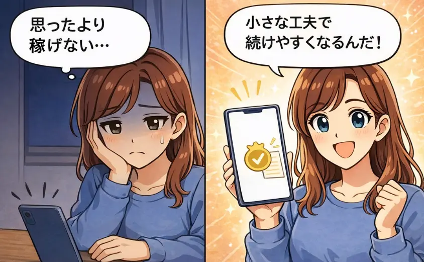 チャットレディの新人期間にありがちな失敗と対策を描いた2コマ漫画。主婦が『思ったより稼げない』と不安になる場面と、『自己紹介や新人ボーナスを工夫すれば続けやすい』と気づいて前向きになる場面を表現