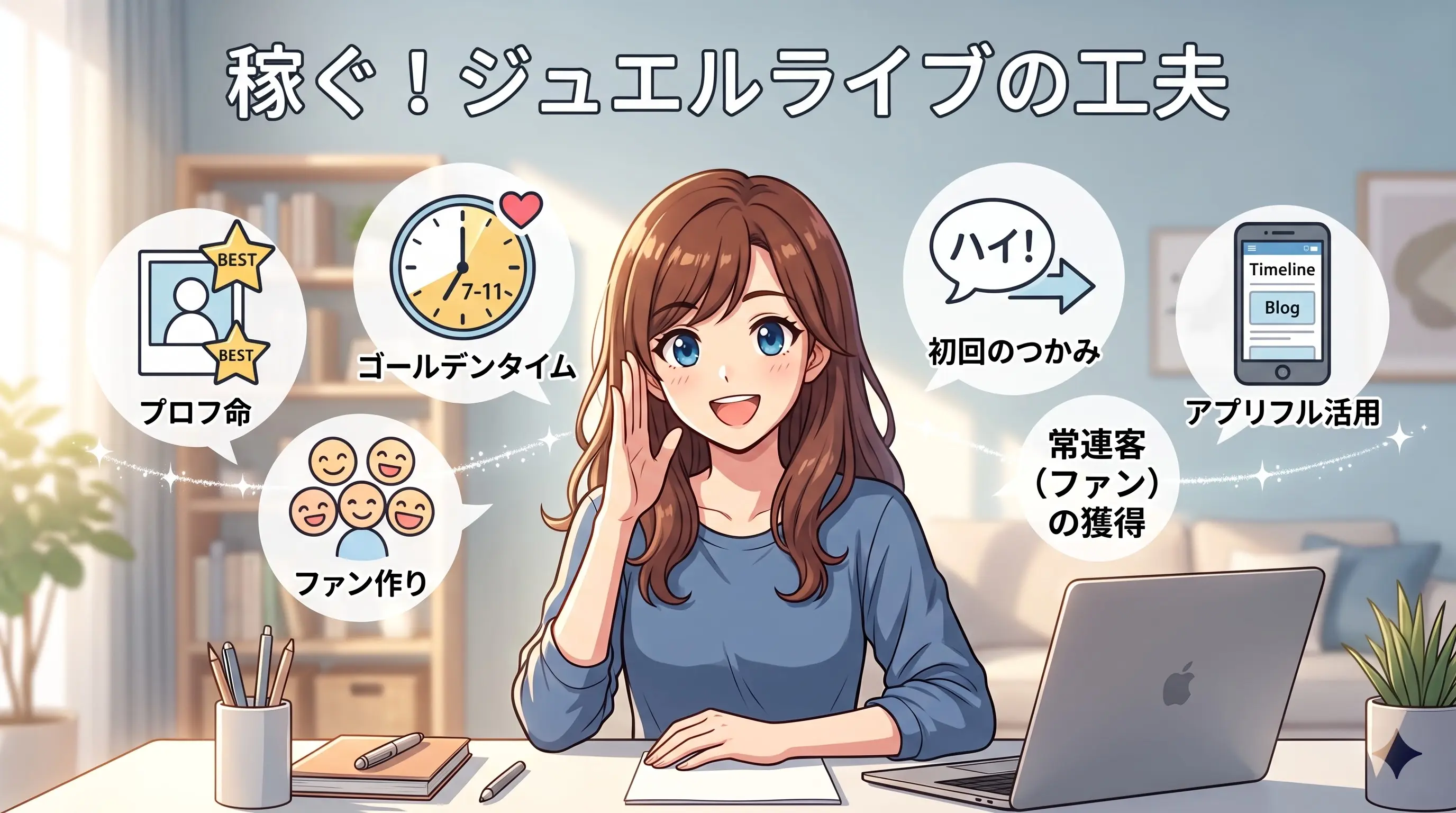 ジュエルライブでチャットレディを始めたい主婦が『稼げなかったらどうしよう…』と悩み、次のコマで『ちょっとした工夫でいいんだ！』と安心して笑顔になる2コマ漫画