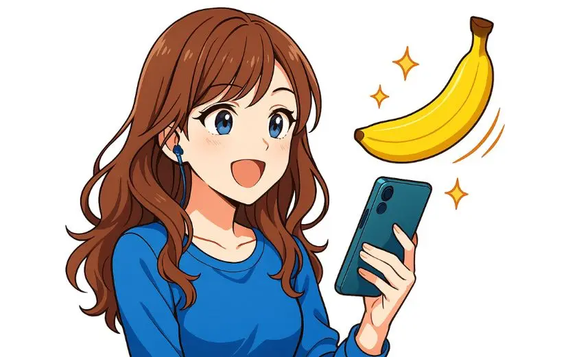 OTOBANANAで声だけ配信をする女性がスマホに話しかけ、投げ銭アイテム『バナナ』が飛んでくる様子を描いたイラスト