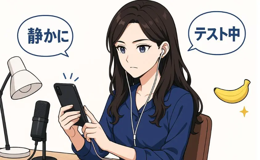 OTOBANANAの配信準備をする女性のラノベ風イラスト。スマホとマイクを前に、イヤホンでテスト録音を行う20代女性が、静かな環境で音質チェックしている様子