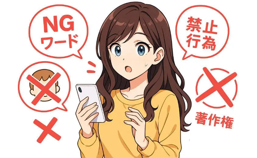 OTOBANANAの禁止行為やNGワードに注意を促すイラスト。スマホを見て驚く20代女性の周囲に『NGワード』『禁止行為』『著作権』などの吹き出しと赤いバツ印が表示されている
