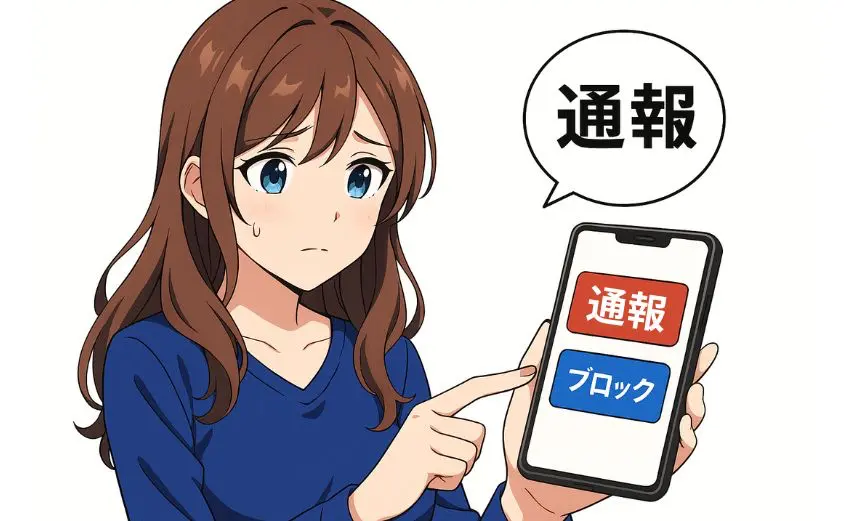 OTOBANANAの通報・ブロック機能を活用する女性配信者のイラスト。困った表情でスマホ画面の『通報』『ブロック』ボタンを見つめる20代女性の様子を描写