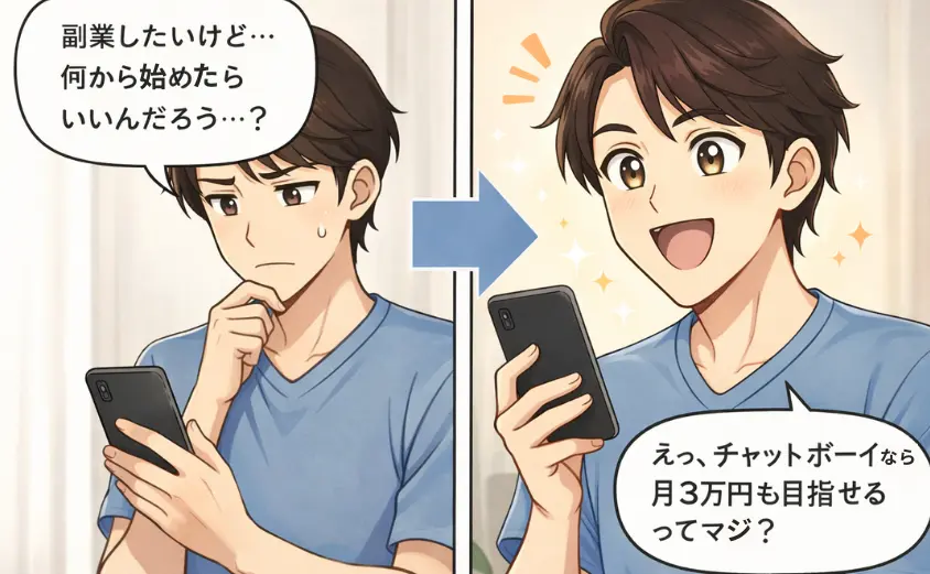 スマホを見ながら副業に悩む男性と、チャットボーイで月3万円稼げると知って驚く男性のイラスト