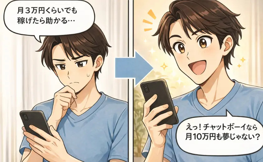 チャットボーイは稼げる？月3万円から月10万円を目指せる副業を解説するイラスト