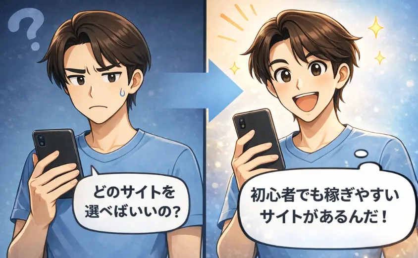 チャットボーイ初心者が稼げるサイトを見つけて安心するイラスト