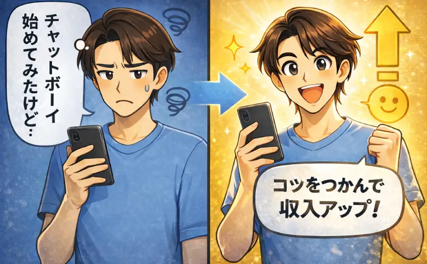 チャットボーイがリピーターを増やして稼げる流れを描いた2コマ漫画。悩みから成功までの変化と収入アップを象徴するイラスト