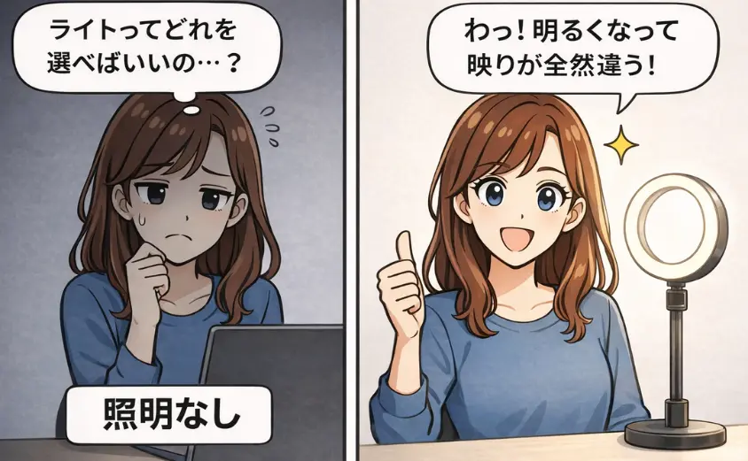チャットレディが照明選びに悩む様子と、リングライトを使って明るく映りが改善した比較イラスト。ライトの選び方で配信の印象が大きく変わることを表現。
