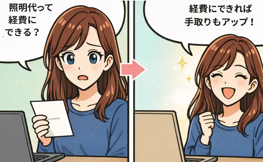 チャットレディの照明代が経費になるか悩む女性と、領収書を整理して安心する女性を描いた2コマ漫画。照明を経費に計上すれば手取り収入アップにつながることを解説するイラスト。
