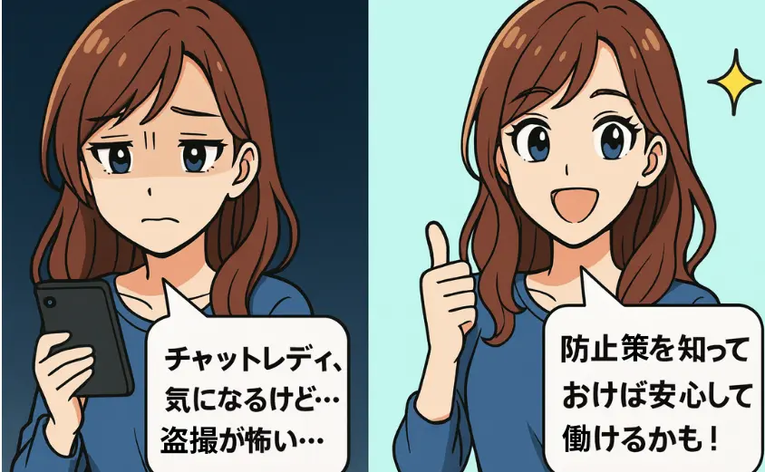 チャットレディに興味がある主婦が盗撮の不安を抱える様子と、防止策を知って安心して働けると前向きになるイラスト