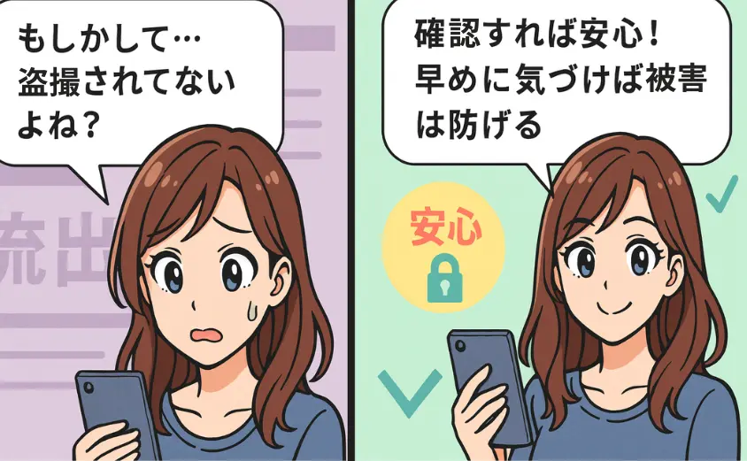 チャットレディがスマホで盗撮や映像流出を不安に思うシーンと、確認して安心するシーンを描いた2コマ漫画。盗撮対策や映像流出防止の重要性をわかりやすく説明