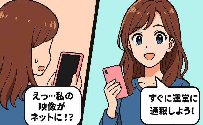チャットレディが盗撮や流出に気づき驚く場面と、冷静に運営へ通報して対処する様子を描いた2コマ漫画