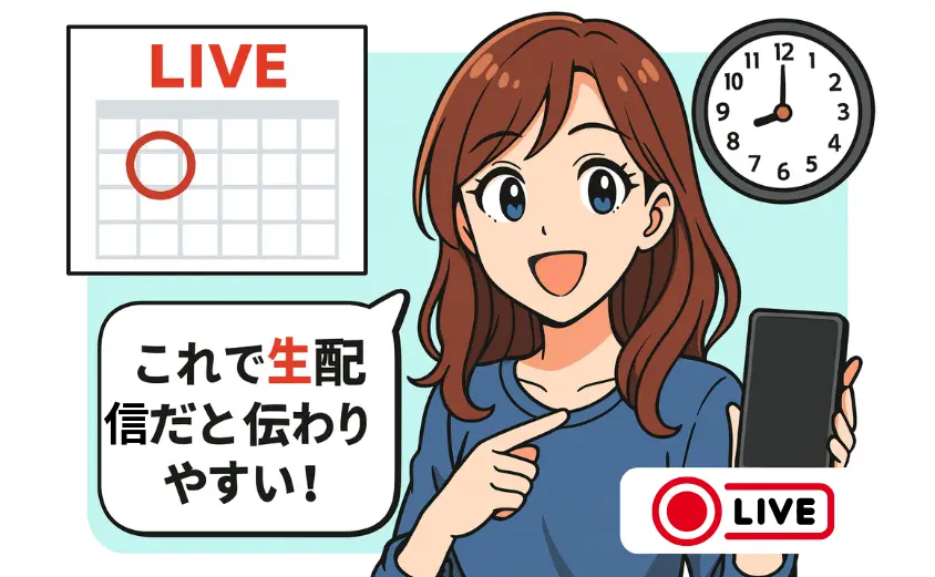 チャットレディ配信の背景にカレンダーと時計を映して盗撮や録画流出を防ぐ工夫を示すイラスト。カレンダーの日付と時計の時刻で“生配信中”をアピールし、不正アップロードの価値を下げる対策