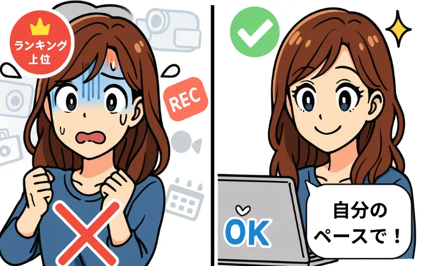 チャットレディがランキング上位を無理に狙うリスクを表した比較イラスト。左は盗撮や録画の危険に焦る主婦キャラ、右は安心してマイペースに配信を続ける主婦キャラ