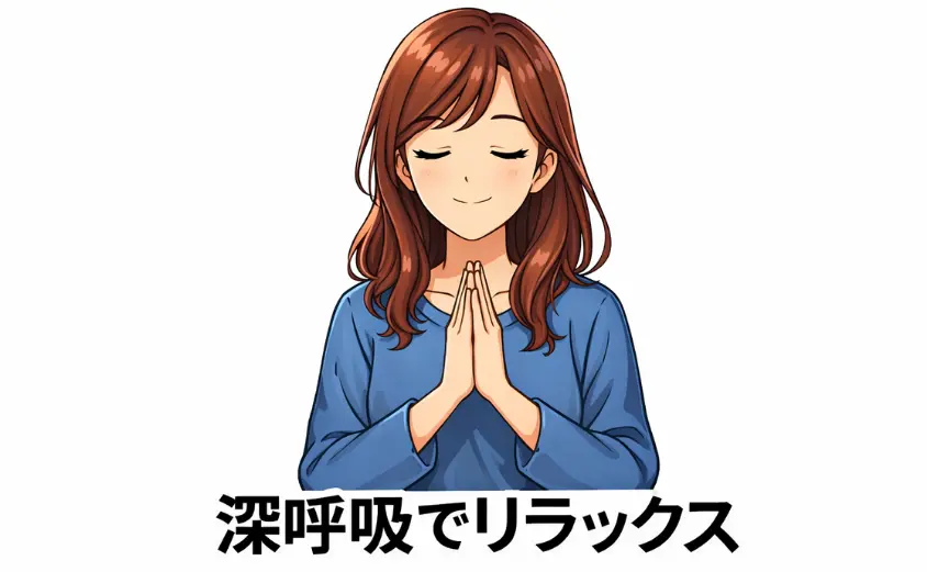 チャットレディが深呼吸で緊張を克服しリラックスして働く様子のイラスト。準備次第で安心して会話できる主婦向け在宅ワークのイメージ