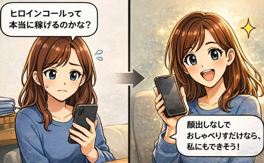 ヒロインコールは稼げる？と悩む主婦がスマホを見て不安そうにする場面と、顔出し不要でおしゃべりできると安心する場面を描いたイラスト