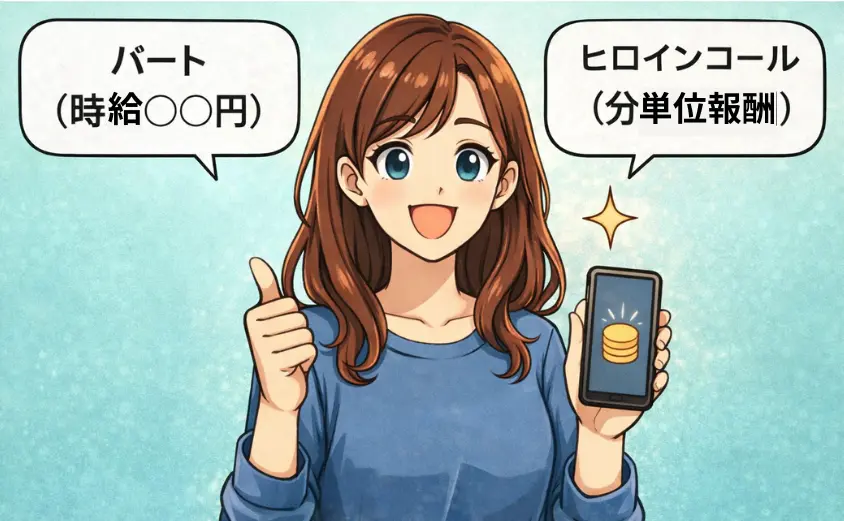 主婦がスマホ副業を比較するイラスト｜パートの時給とヒロインコールの分単位報酬の違いがわかる