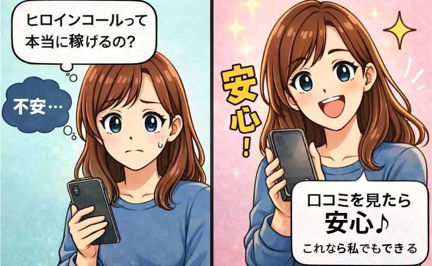 ヒロインコールは本当に稼げるの？と不安に思う主婦が、口コミを見て安心し『これなら私でも続けられそう』と笑顔になる2コマイラスト