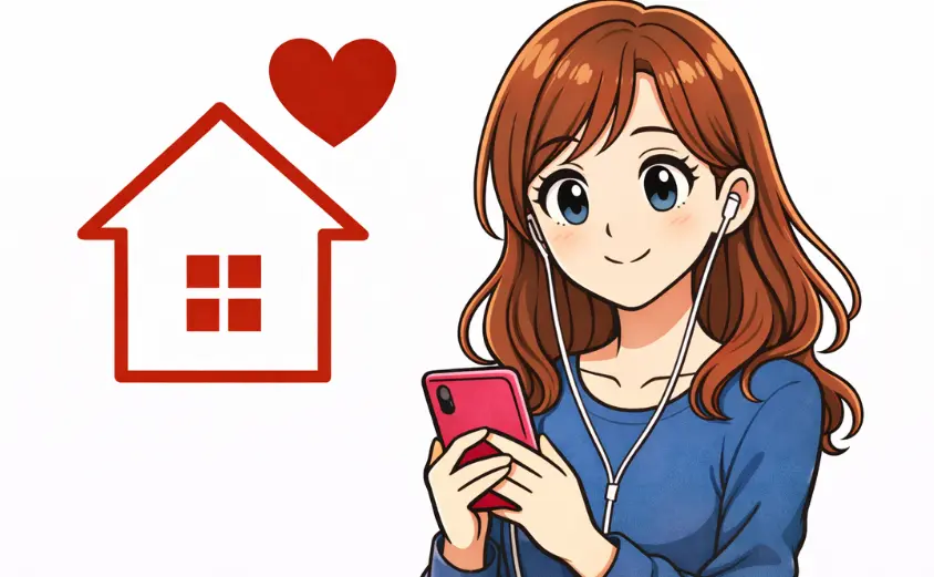 スマホを見て微笑む主婦のイラスト｜在宅で安心してヒロインコールの副業ができるイメージ