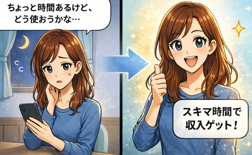 おチャベリで副業する主婦の2コマ漫画。夜に『時間の使い方に悩む』→『スマホでスキマ時間に収入ゲット』と安心して稼ぐ様子