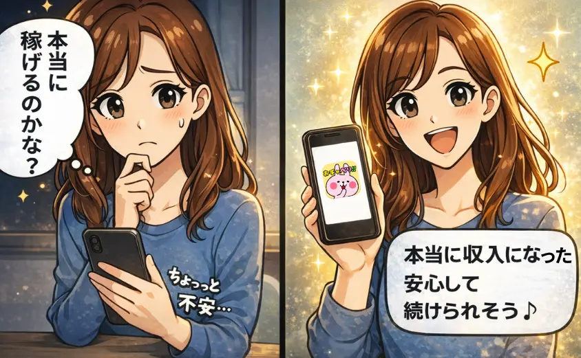 おチャベリで副業を始めた主婦がスマホを見ながら『本当に収入になった！安心して続けられそう』と喜ぶ2コマ漫画。おチャベリは在宅でできる安全な副業アプリ