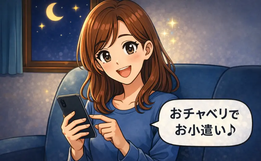 おチャベリでお小遣いを稼ぐ主婦のイラスト｜夜のリビングでスマホを操作しながら微笑む女性