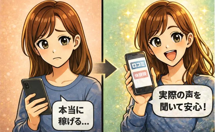 スキマ時間におチャベリで在宅副業を始める女性が、口コミや体験談を見て安心する様子のイラスト