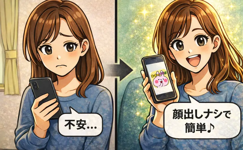 おチャベリを利用する主婦の2コマ漫画。1コマ目は他アプリに不安を感じる表情、2コマ目はおチャベリで安心してスマホを使い副業を楽しむ様子を描いたイラスト