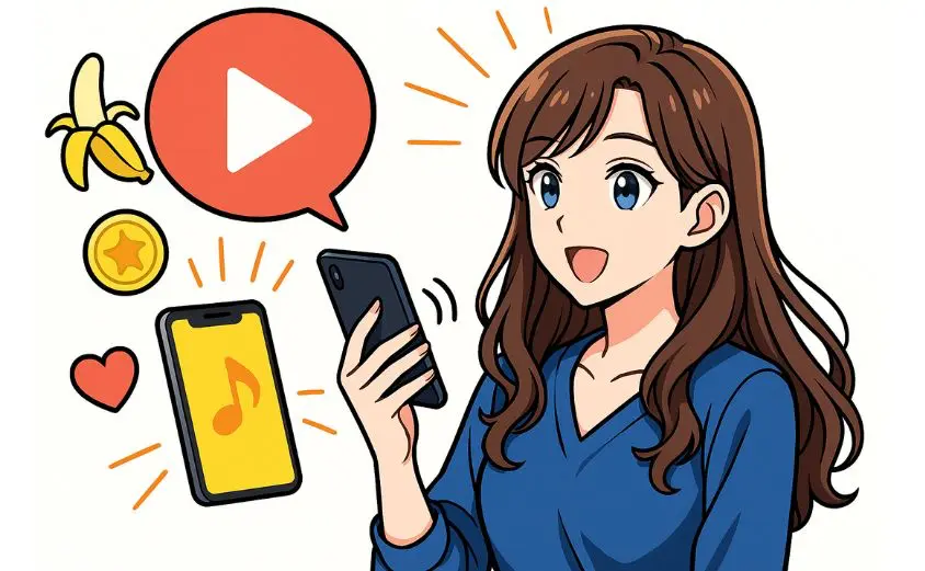 OTOBANANAで音声配信を楽しむ女性配信者のイラスト。スマホに向かって話す20代女性の周囲に、バナナ(投げ銭)や音楽マーク、ハート、再生ボタンなどが浮かび、収益化や人気の理由を表現
