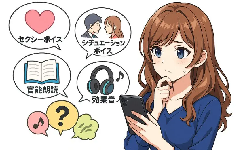 OTOBANANAで人気ジャンルを選ぶ女性配信者のイラスト。スマホを見ながら悩む20代女性の周囲に『セクシーボイス』『シチュエーションボイス』『官能朗読』『効果音』などの吹き出しが浮かんでいる構図