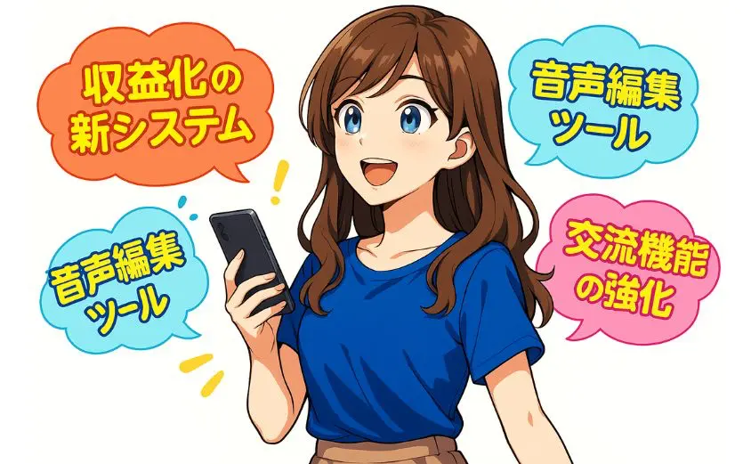 OTOBANANAの新機能に期待する女性配信者のイラスト。スマホを手にした20代女性の周囲に、『収益化の新システム』『音声編集ツール』『交流機能の強化』といった機能が吹き出しで表示されている