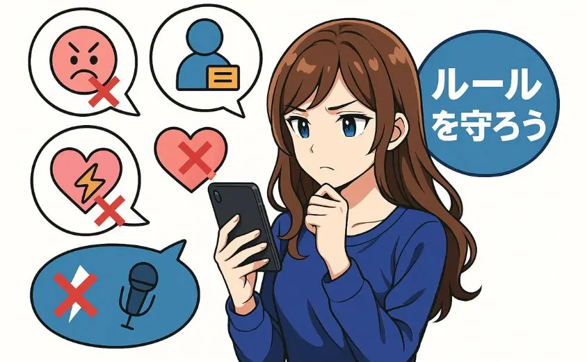 OTOBANANAの禁止行為を確認する女性配信者のイラスト。スマホを見ながら真剣な表情の20代女性の周囲に、暴言・なりすまし・無断録音・過激表現を示すアイコンと赤いバツ印が表示され、『ルールを守ろう』という吹き出しが添えられている