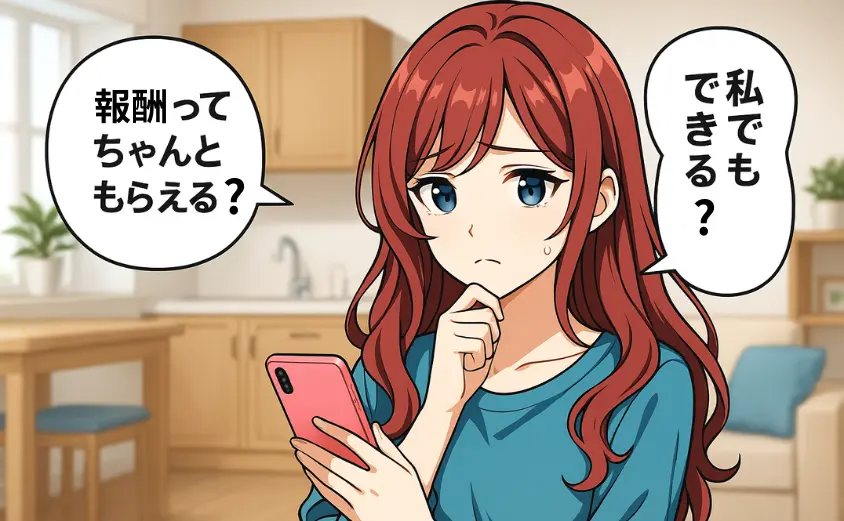 スマホを見ながら副業に不安を感じている主婦のイラスト｜自宅でできる音声配信アプリOTOBANANAの報酬に関する疑問を持つ女性