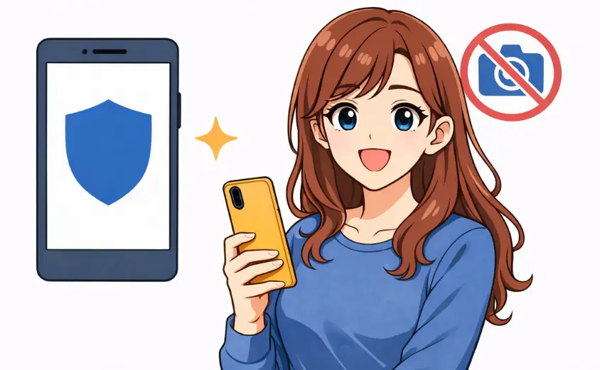 スマホを手に安心した笑顔を見せる20代女性。チャットレディアプリ『Franc（フラン）』の安全性や顔出し不要・身バレ防止対策を表現したイラスト