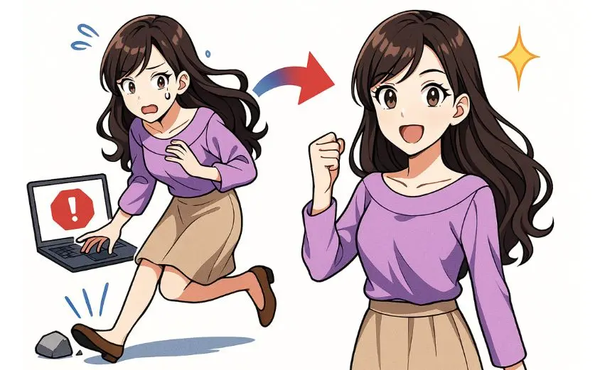 ヒロインコールの副業に挑戦するも最初につまずいた女性が、コツをつかんで笑顔で乗り越えたビフォーアフターのイラスト