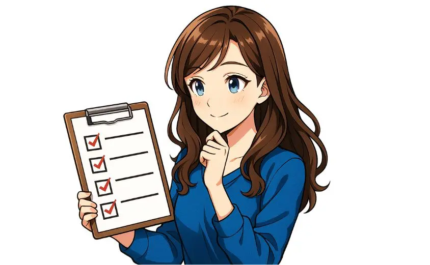 ヒロインコールに向いているかをチェックリストで確認する20代女性のイラスト。